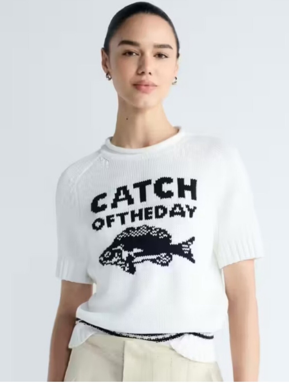 Free Assembly Catch of the Day Fish Knit Sweater Short Sleeve White & Black